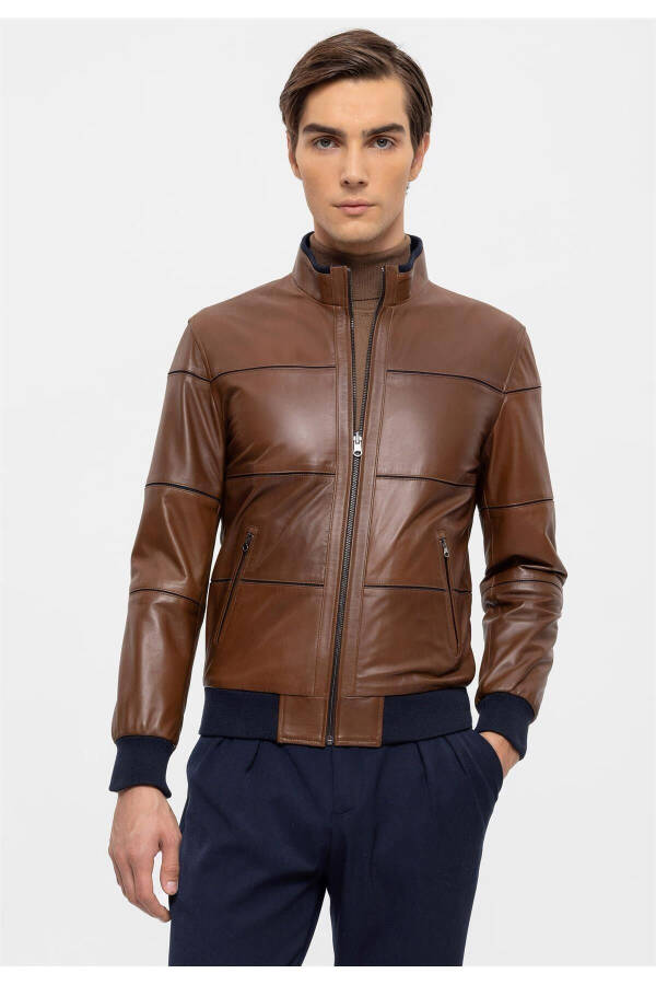 Brown Martin Double-Sided Coffee Fabric Zippered Collar Sleeve and Waist Knitted Men's Genuine Leather Jacket - 2