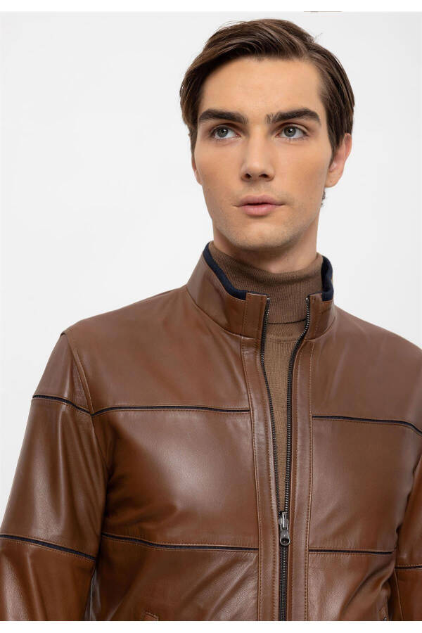 Brown Martin Double-Sided Coffee Fabric Zippered Collar Sleeve and Waist Knitted Men's Genuine Leather Jacket - 5