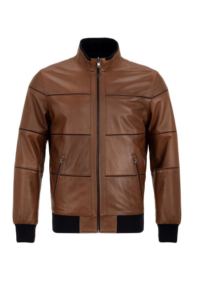 Brown Martin Double-Sided Coffee Fabric Zippered Collar Sleeve and Waist Knitted Men's Genuine Leather Jacket - 6