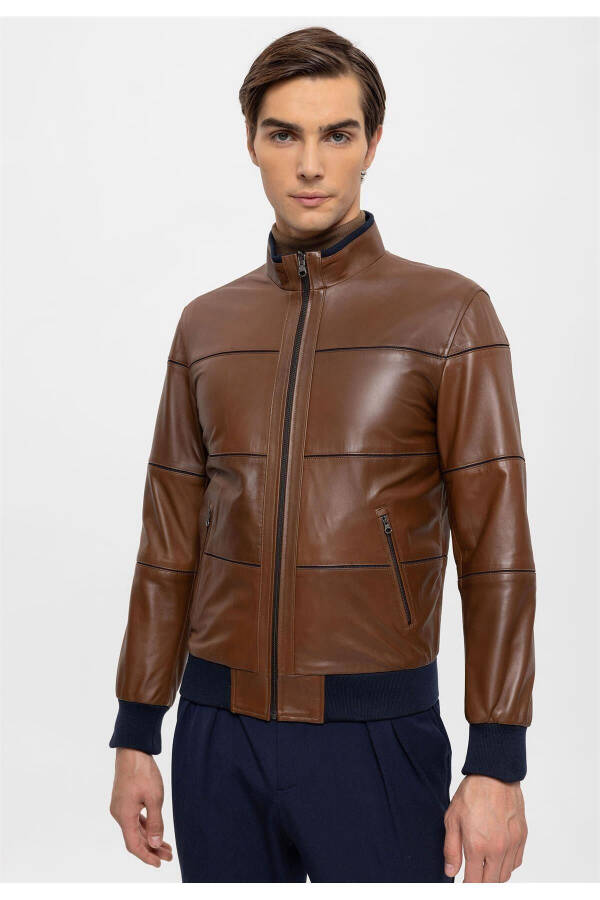 Brown Martin Double-Sided Coffee Fabric Zippered Collar Sleeve and Waist Knitted Men's Genuine Leather Jacket - 7