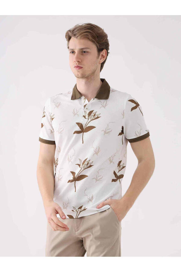 Brown Men's Slim Fit Floral Pattern Casual Polo Collar Tshirt - 1