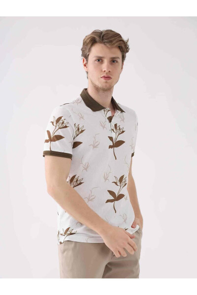 Brown Men's Slim Fit Floral Pattern Casual Polo Collar Tshirt - 3