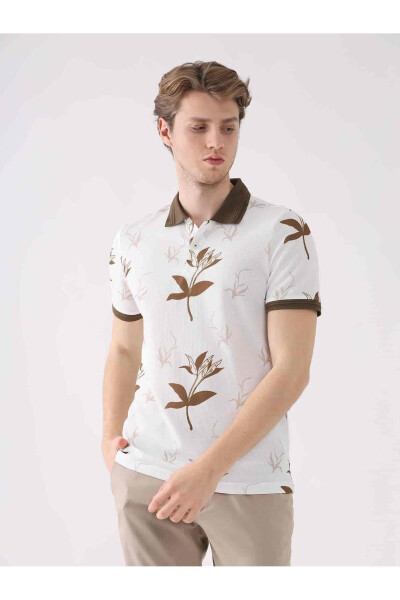 Brown Men's Slim Fit Floral Pattern Casual Polo Collar Tshirt - 4