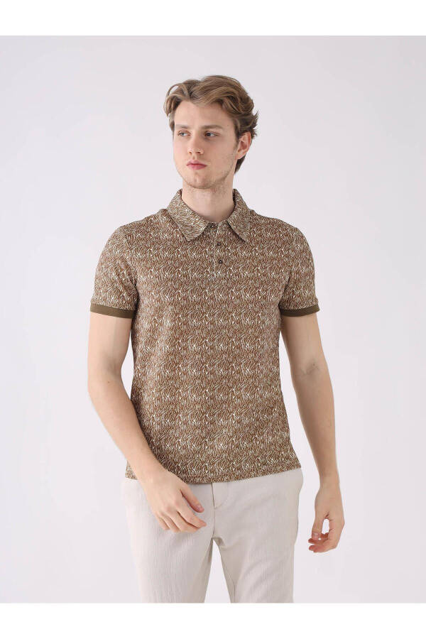 Brown Men's Slim Fit Patterned Polo Collar Tshirt - 1