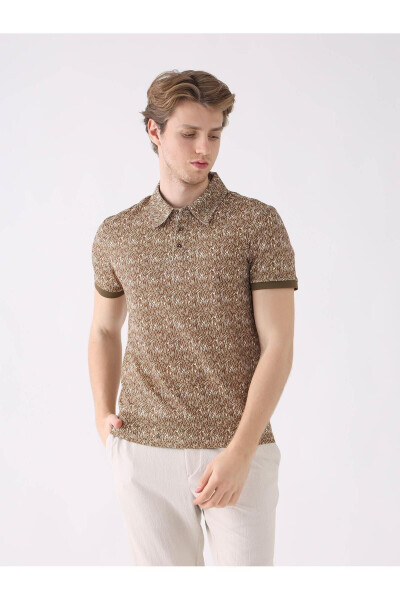 Brown Men's Slim Fit Patterned Polo Collar Tshirt - 4