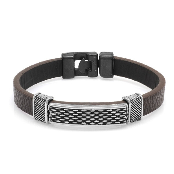 Brown Non-Tarnishing Metal-Leather Combination Men's Bracelet with Dot Detail - 2