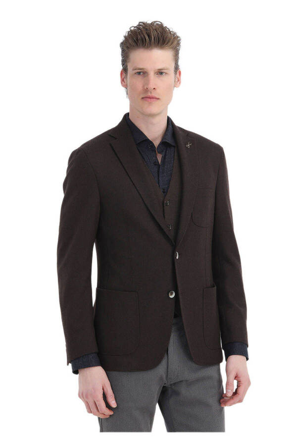 Brown Plain Shirt Shoulder Slim Fit Wool Blend Knit Jacket - 2