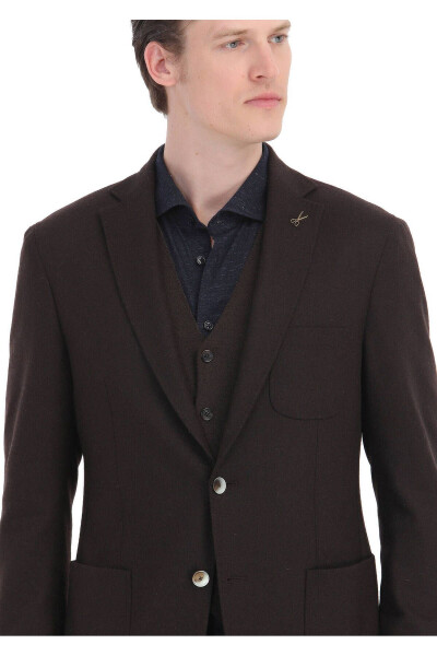 Brown Plain Shirt Shoulder Slim Fit Wool Blend Knit Jacket - 4