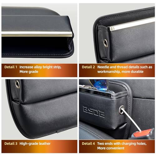 BSDE Car Seat Gap Filler Organizer - Premium Leather Car Seat Storage Box - Fits Between Front Seats - car accessories for women men interior - Stop Drop Car Seat Organizer and Storage for Phones, Cards, Keys - 5