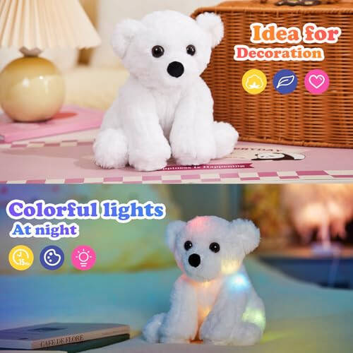 BSTAOFY Glow Polar Bear Light up Stuffed Animal LED Night Light Soft Plush Toy Adorable Birthday Valentines Mother's Children's Day for Toddler Kids, White, 9.5'' - 8