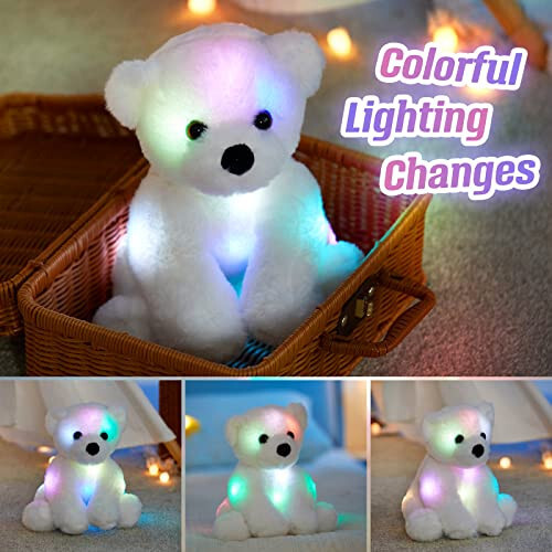 BSTAOFY Parlayan Kutup Ayısı Işıklı Peluş Oyuncak LED Gece Lambası Yumuşak Peluş Oyuncak Sevimli Doğum Günü Sevgililer Günü Anneler Günü Çocuklar Günü için Bebek Çocuklar, Beyaz, 9.5'' - 2