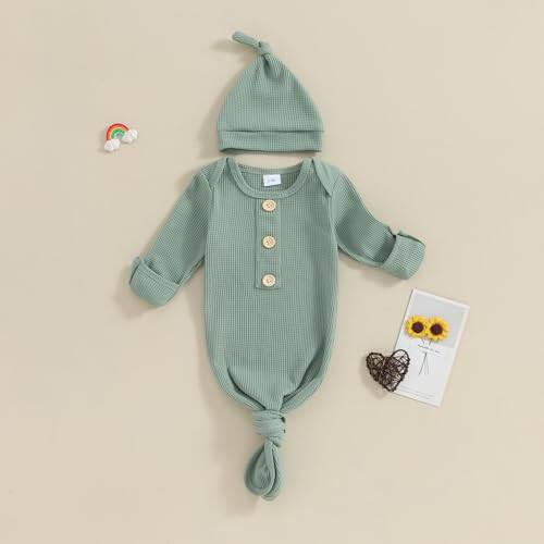 BULINGNA Newborn Baby Boys Girls Knotted Gown with Hat Set, Unisex Infant Nightgown with Mittens Sleepwear One Piece Pajamas - 46