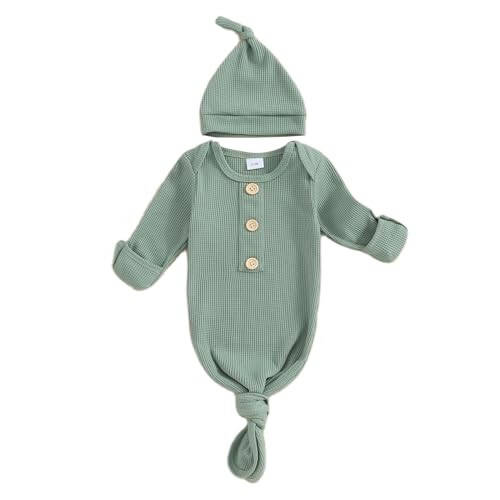 BULINGNA Newborn Baby Boys Girls Knotted Gown with Hat Set, Unisex Infant Nightgown with Mittens Sleepwear One Piece Pajamas - 36