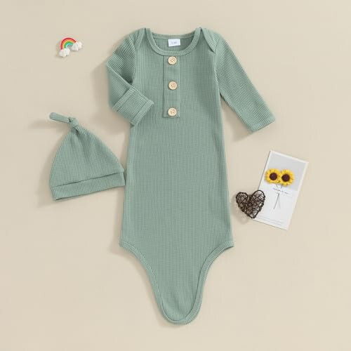 BULINGNA Yeni Doğan Bebek Erkek ve Kızlar Düğümlü Elbise Şapka Seti, Unisex Bebek Geceliği Eldivenli Uyku Kıyafeti Tek Parça Pijama - 44