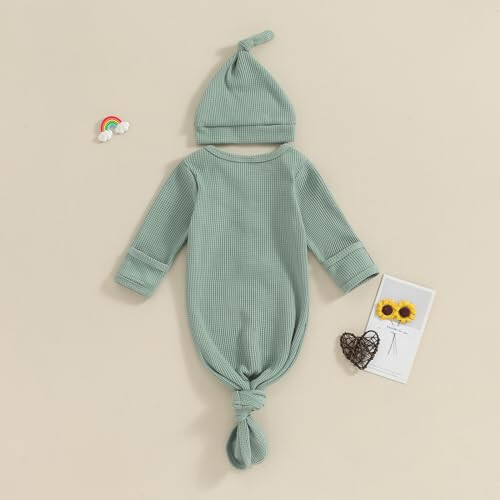 BULINGNA Yeni Doğan Bebek Erkek ve Kızlar Düğümlü Elbise Şapka Seti, Unisex Bebek Geceliği Eldivenli Uyku Kıyafeti Tek Parça Pijama - 45