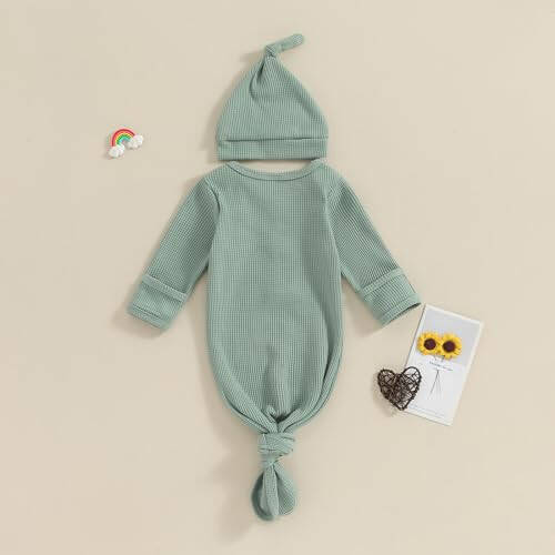 BULINGNA Yeni Doğan Bebek Erkek ve Kızlar Düğümlü Elbise Şapka Seti, Unisex Bebek Geceliği Eldivenli Uyku Kıyafeti Tek Parça Pijama - 45