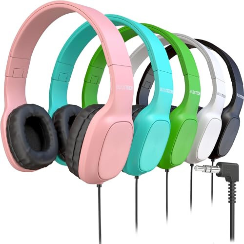 Bulktech Wired On-Ear Leather Headphones with 3.5mm Connector, Oval Metal Housing, Bulk Wholesale, 5 Pack, Assorted Colors - 1