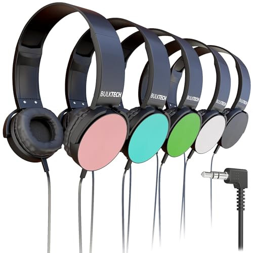 Bulktech Wired On-Ear Leather Headphones with 3.5mm Connector, Round Metal Housing, Bulk Wholesale, 5 Pack, Assorted Colors - 1