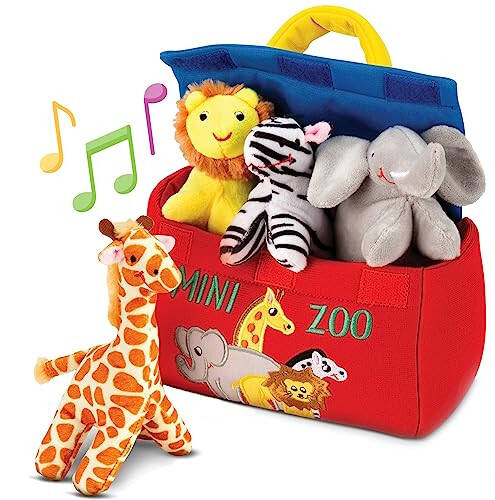 Bundaloo Plush Mini Zoo Playset - Giraffe, Elephant, Lion, Zebra - Interactive Animals, Carrier with Velcro Closure, Natural Sound Effects for Babies and Toddlers - 31