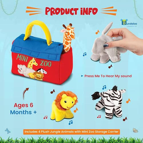 Bundaloo Plush Mini Zoo Playset - Giraffe, Elephant, Lion, Zebra - Interactive Animals, Carrier with Velcro Closure, Natural Sound Effects for Babies and Toddlers - 32