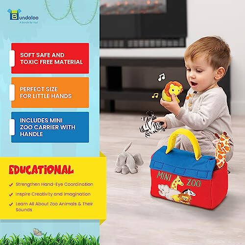 Bundaloo Plush Mini Zoo Playset - Giraffe, Elephant, Lion, Zebra - Interactive Animals, Carrier with Velcro Closure, Natural Sound Effects for Babies and Toddlers - 34