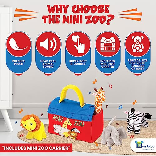 Bundaloo Plush Mini Zoo Playset - Giraffe, Elephant, Lion, Zebra - Interactive Animals, Carrier with Velcro Closure, Natural Sound Effects for Babies and Toddlers - 35