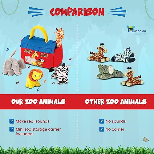 Bundaloo Plush Mini Zoo Playset - Giraffe, Elephant, Lion, Zebra - Interactive Animals, Carrier with Velcro Closure, Natural Sound Effects for Babies and Toddlers - 36