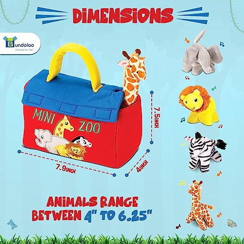 Bundaloo Plush Mini Zoo Playset - Giraffe, Elephant, Lion, Zebra - Interactive Animals, Carrier with Velcro Closure, Natural Sound Effects for Babies and Toddlers - 21