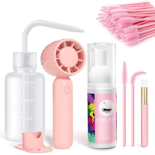 Buqikma Lash Cleaning Kit - Eyelash Extension Cleanser for Extensions 60ML Lash Shampoo with Rechargeable Handheld Lash Fan Dryer Mascara Brush Rinse Bottle Makeup Cleansing Foam for Lash Care - 1