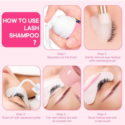 Buqikma Lash Cleaning Kit - Eyelash Extension Cleanser for Extensions 60ML Lash Shampoo with Rechargeable Handheld Lash Fan Dryer Mascara Brush Rinse Bottle Makeup Cleansing Foam for Lash Care - 6