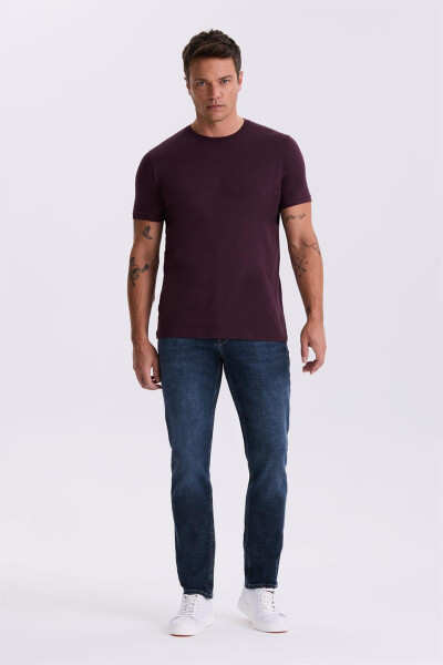 Burgundi 100% Paxta Slim Fit Dumaloq Yaka Oddiy T-Shirt - 1