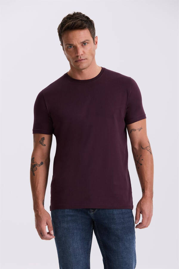 Burgundi 100% Paxta Slim Fit Dumaloq Yaka Oddiy T-Shirt - 3