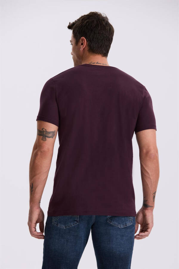 Burgundi 100% Paxta Slim Fit Dumaloq Yaka Oddiy T-Shirt - 4