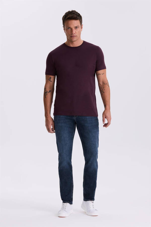 Burgundy 100% Cotton Slim Fit Crew Neck Basic T-Shirt - 1