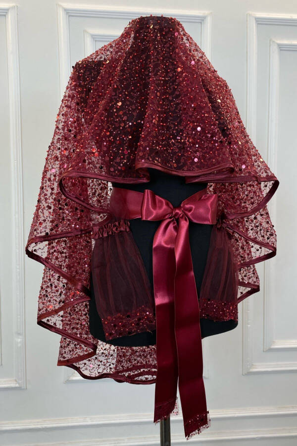 Burgundy Authentic VIP Bridal Veil Set, Complete Sequined Beaded Pearl Glittering Henna Veil Set 6 Pieces - 1