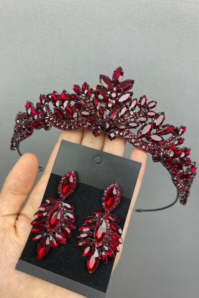 Burgundy Berlin Model Bridal Henna Crown And Earrings - 2