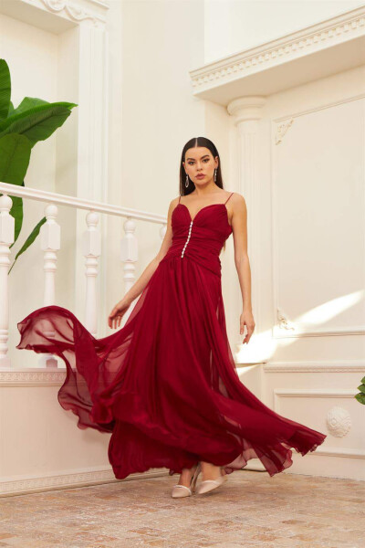 Burgundy Chiffon Strapless Long Evening Dress & Party Dress - 2