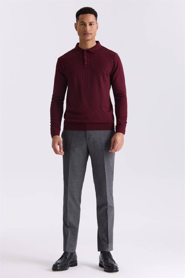 Burgundy Classic Fit Patterned Polo Neck Sweater - 2