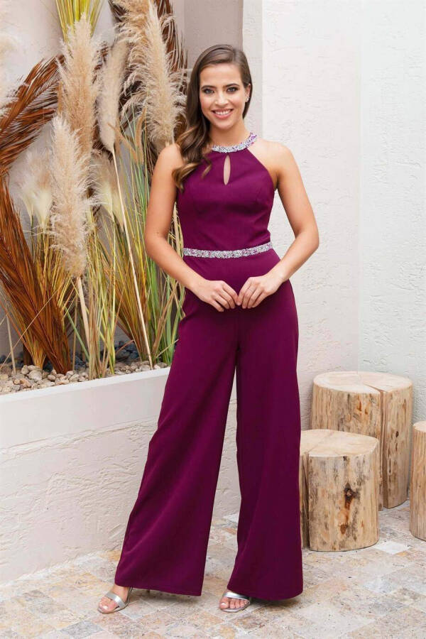 Burgundy Collar Beaded Waist Jumpsuit - 1