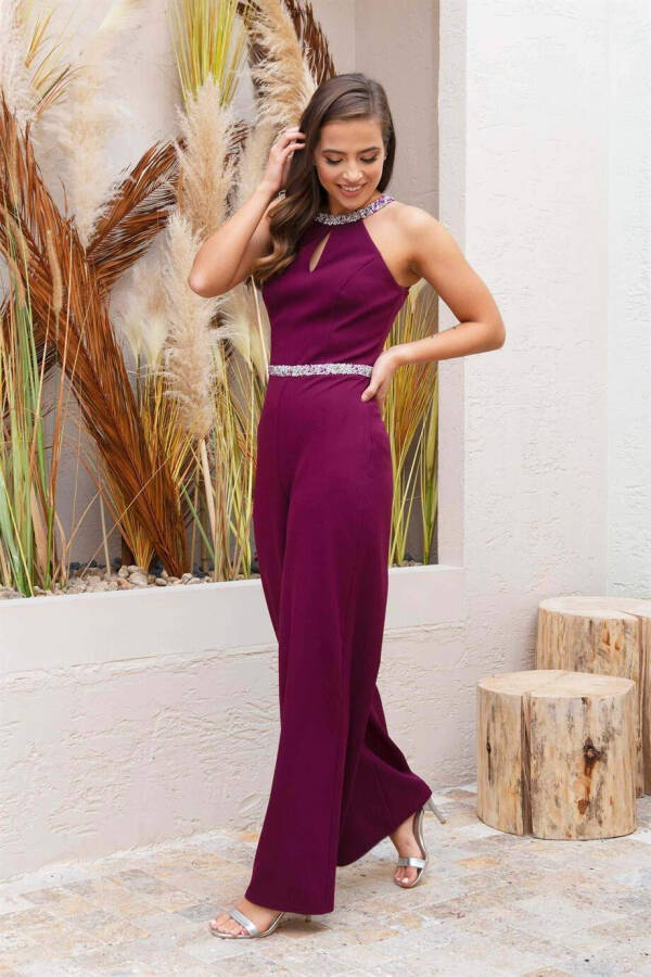 Burgundy Collar Beaded Waist Jumpsuit - 3