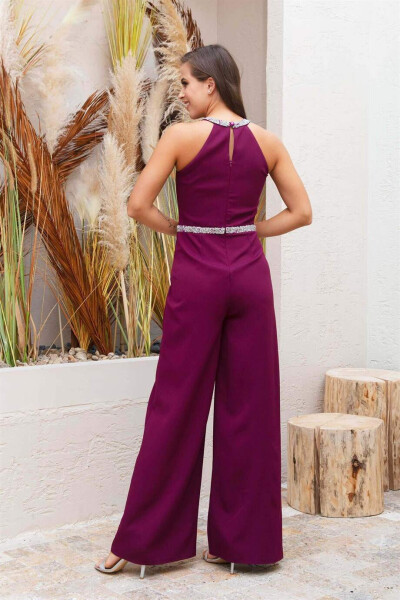 Burgundy Collar Beaded Waist Jumpsuit - 11