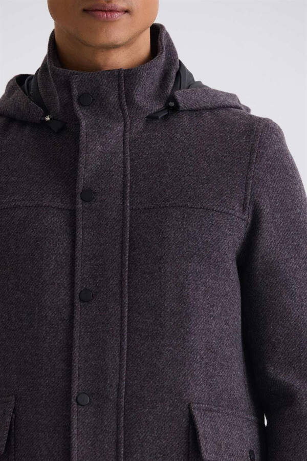 Burgundy Comfort Fit Notch Lapel Patterned Hooded Wool Sports Jacket - 7