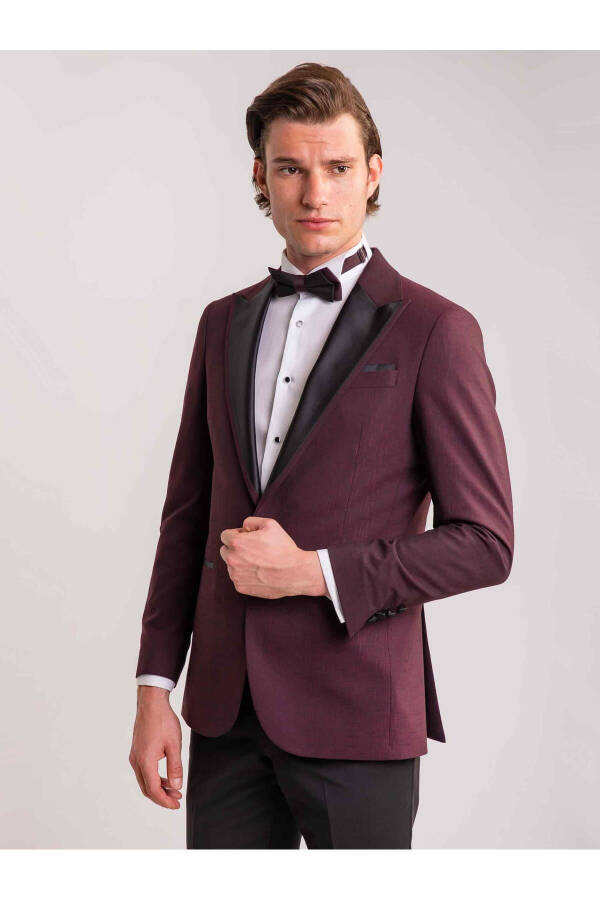 Burgundy Men's Modern Fit Striped Single Breasted Tuxedo Suit - 61321 - 6