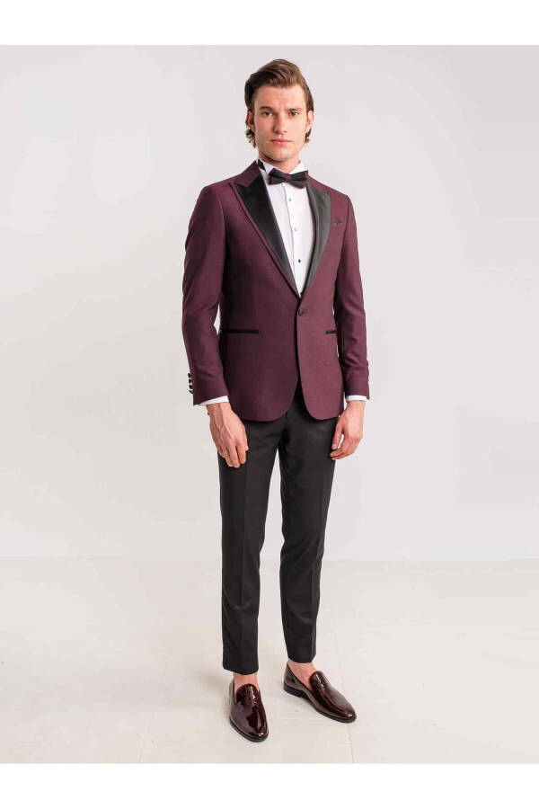 Burgundy Men's Modern Fit Striped Single Breasted Tuxedo Suit - 61321 - 8