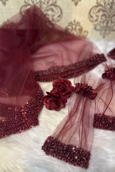 Burgundy Orchid Bridal Veil Set, Water Stone Henna Veil Set 6 Pieces - 48