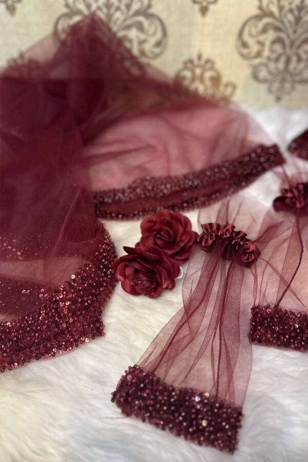 Burgundy Orchid Bridal Veil Set, Water Stone Henna Veil Set 6 Pieces - 16