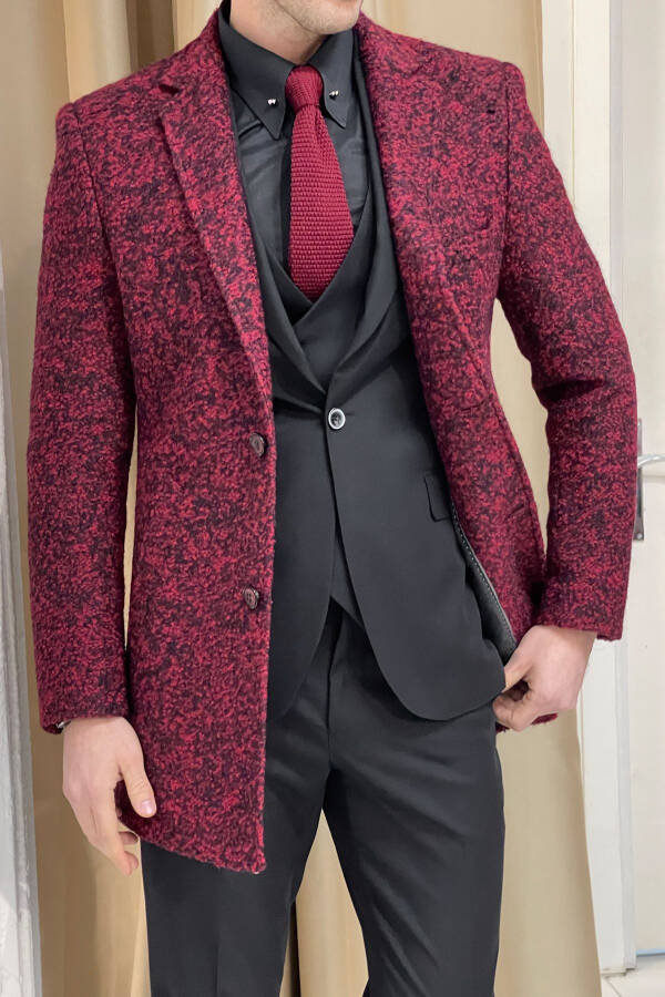 Burgundy, textured wool, single breasted, slim fit mono collar coat. - 1