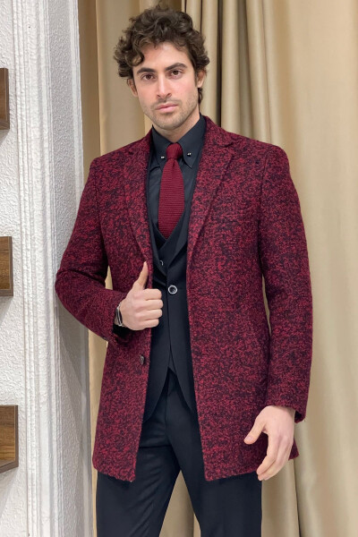 Burgundy, textured wool, single breasted, slim fit mono collar coat. - 2