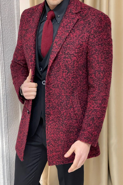 Burgundy, textured wool, single breasted, slim fit mono collar coat. - 3