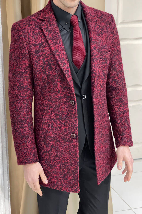 Burgundy, textured wool, single breasted, slim fit mono collar coat. - 4